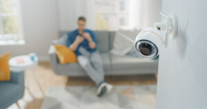 Man sitting in home with security camera