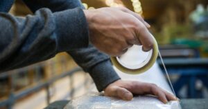 Man packing a large item with bubble wrap