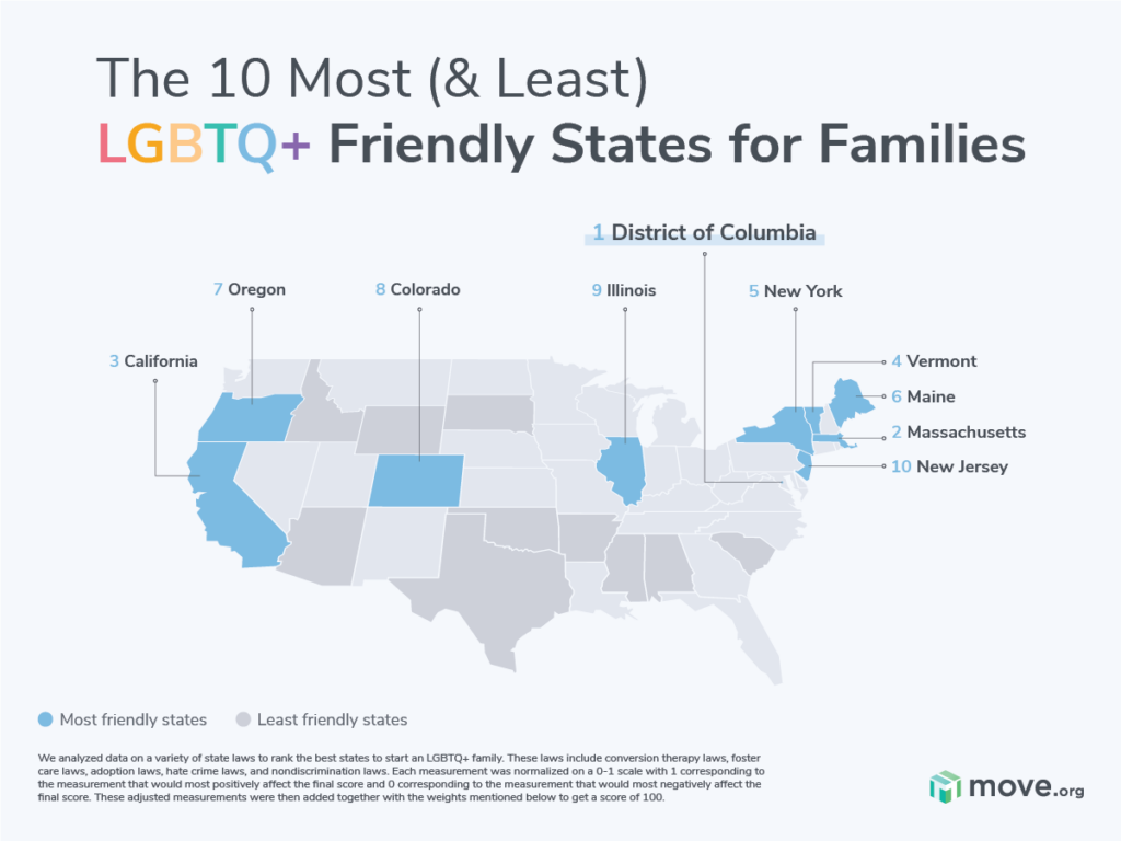 Map highlighting best state for LGBTQ+ families