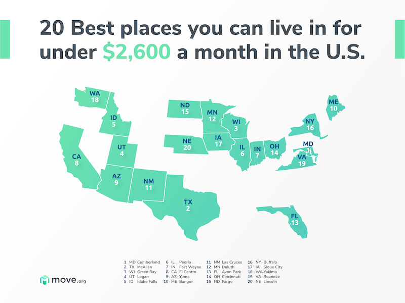 Map of the best cities to live in for under $2,600